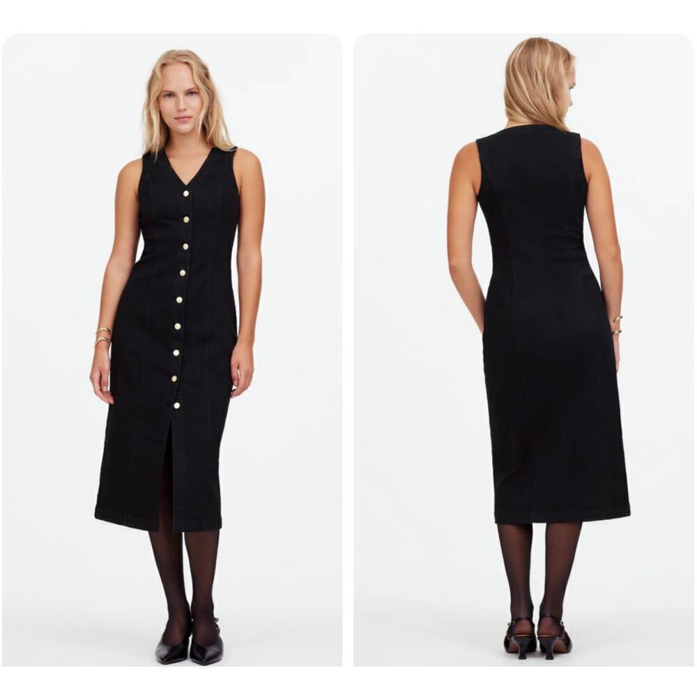 NWT Madewell Denim V Neck Midi Dress Button Up Sleeveless Clean Black Wash 8